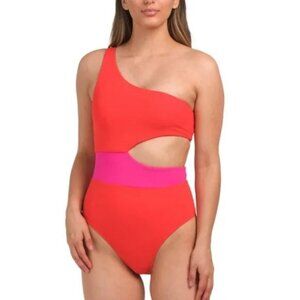 Wilo Color Block One-Shoulder Cutout Women's Swimsuit  Red/Pink Size Small